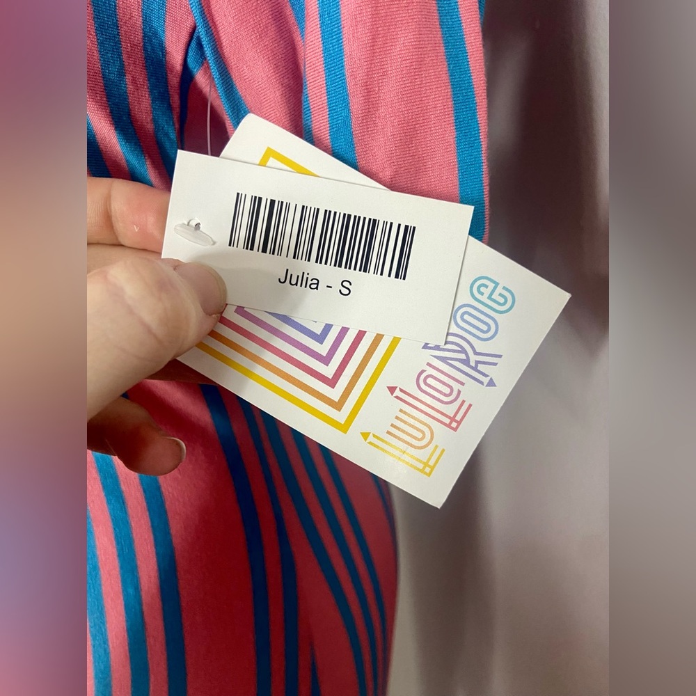 LuLaRoe Julia Dress Pink with Blue Vertical Stripes Midi Form Fittint - Picture 4 of 7